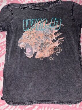 Guess Black Acid-Wash Leopard 'WILD' Graphic Tee with Teal Accents